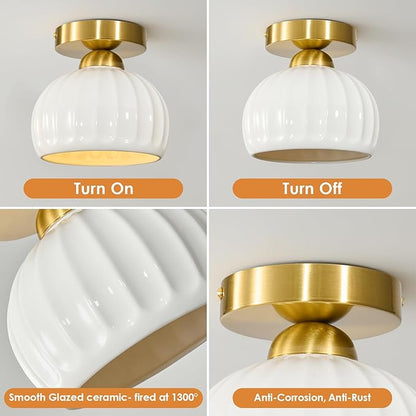 Glaze Ceramic Semi Flush Mount Ceiling Light - 2 Pack, Vintage Gold Hallway Light Fixtures, Milk White Globe Ceiling Lights, Mid Century Small Light Fixture for Cottage Entryway Laundry Room Foyer