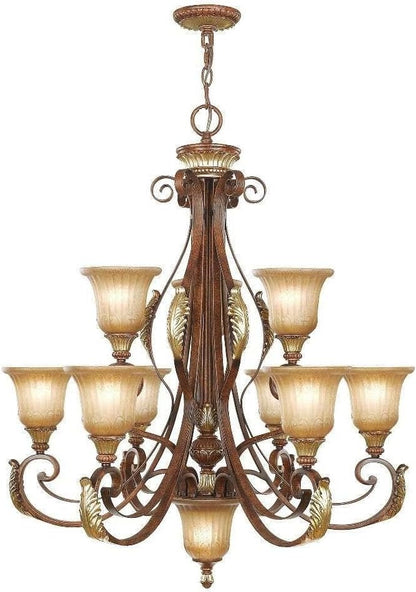 Livex Lighting 8579-63 Villa Verona 9 Light Two Tier (6+3) Verona Bronze Finish Flush Mount with Aged Gold Leaf Accents and Rustic Art Glass