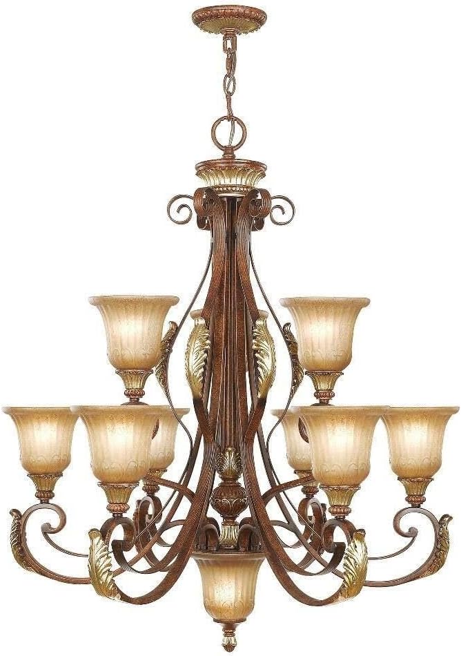 Livex Lighting 8579-63 Villa Verona 9 Light Two Tier (6+3) Verona Bronze Finish Flush Mount with Aged Gold Leaf Accents and Rustic Art Glass