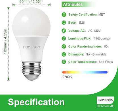 A19 E26 LED Light Bulbs, Energy-Efficient 9.5W, 1400 Lumens, 100 Watt Equivalent, 2700K Soft White, 30,000 Hour Lifetime, Non-Dimmable, IP20, Frosted - Pack of 12