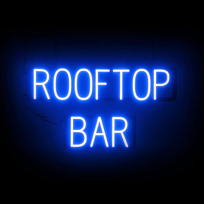 SpellBrite ROOFTOP BAR Sign | Location-Related Sign with Neon Look, Blue LED Light Source | 27.8" x 15.0"