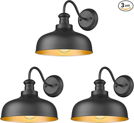 Outdoor Barn Light for Farmhouse, 11.5 Inch Dome Exterior Wall Mount Lights Fixture ,Weather Resistant Outdoor Wall Sconce, Anti-Rust Outside Lighting for Porch, Garage, Patio, Entryway(Black, 3 Pack)