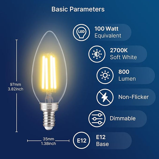 FLSNT 100W Equivalent LED Candelabra Bulbs, 800LM Dimmable B11 E12 LED Chandelier Light Bulbs, 5.5W, 2700K Soft White, 12 Pack