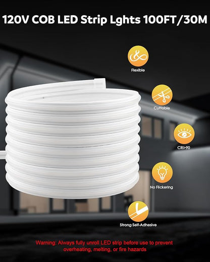 Aclorol 30M White COB LED Strip Lights Outdoor Waterproof IP68 AC 110V-120V LED Rope Lights Switch with Plug 100FT 1 Roll 8640leds/30M Uniform High Density Flexible Tape Lights for Outside 6000K