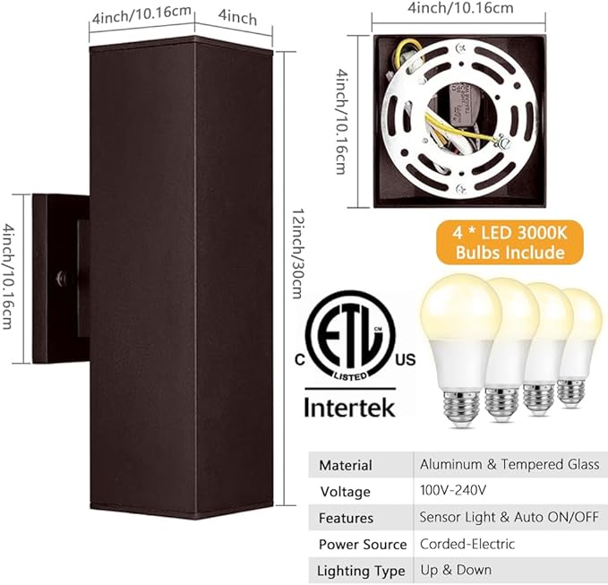 SHIMR Dusk to Dawn Outdoor Lighting 2 Pack, Modern Exterior Lighting Fixtures with Oil Rubbed Bronze Finish, Square Up Down Lights Outdoor for House Patio Garage [ETL Listed]
