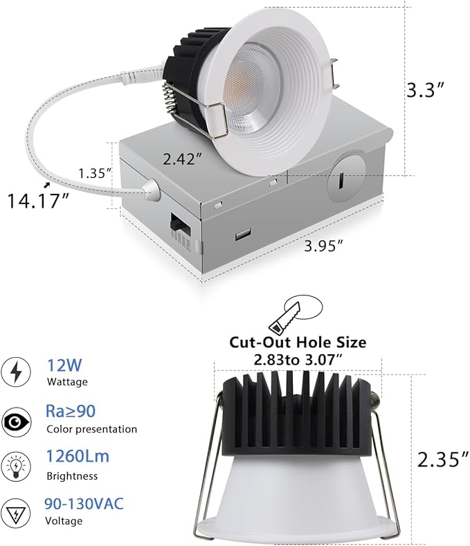 Adetu 3 Inch 5CCT Anti-Glare LED Downlight with Junction Box, 2700K/3000K/4000K/5000K Selectable,CRI90+, 12W COB, 1160LM, IP65 Waterproof, Dimmable-ETL and Energy Star Certified (White, 1 Pack)