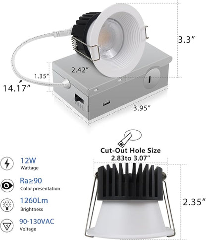 Adetu 3 Inch 5CCT Anti-Glare LED Downlight with Junction Box, 2700K/3000K/4000K/5000K Selectable,CRI90+, 12W COB, 1160LM, IP65 Waterproof, Dimmable-ETL and Energy Star Certified (White, 1 Pack)