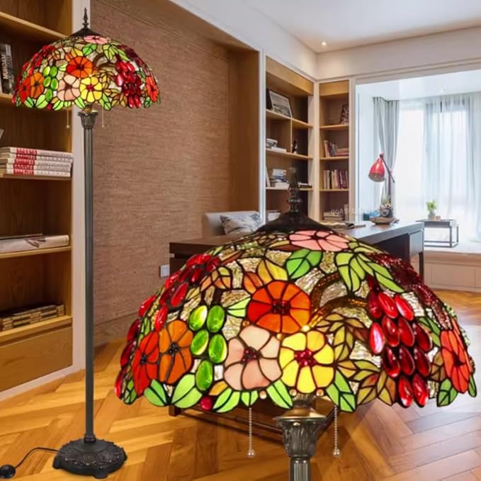 Tiffany Flower Floor Lamp Vintage Glass Standing Lamp with Pull Chain Traditional Stained Glass Floor Standing Reading Lights for Living Room Bedroom Farmhouse - Handmade Floral Lampshade