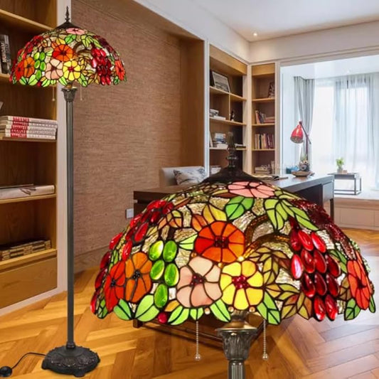 Tiffany Flower Floor Lamp Vintage Glass Standing Lamp with Pull Chain Traditional Stained Glass Floor Standing Reading Lights for Living Room Bedroom Farmhouse - Handmade Floral Lampshade