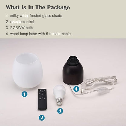 Small RGB Table Lamp for Bedroom, Remote Control Color Changing Desk Lights, with White Opal Glass Lamp Shade, for Living Room Nightstand,Black Wood