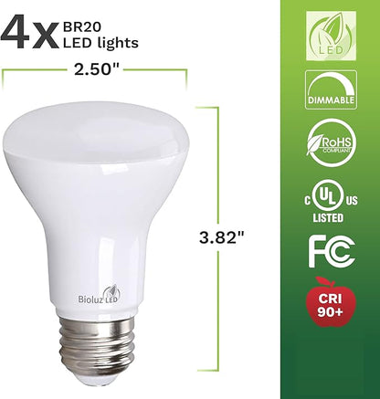 Bioluz LED 4 Pack BR20 LED Bulb 2700K Bright Warm White 6W=50W, 90 CRI, 540 Lumen, Dimmable LED Light Bulbs, Cool White Light Bulbs, Indoor/Outdoor Flood Light Bulbs, UL Listed & Title 20 Compliant