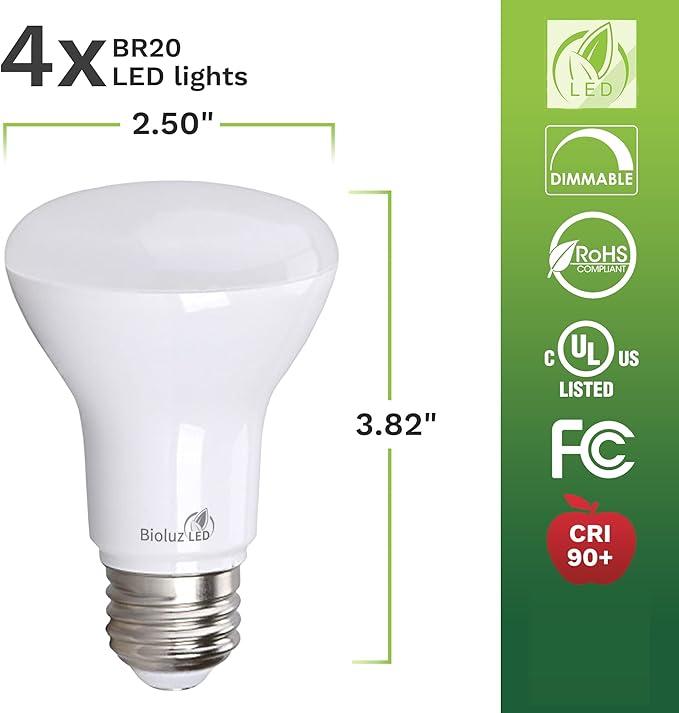 Bioluz LED 4 Pack BR20 LED Bulb 5000K Daylight Led Bulbs 6W=50W, 90 CRI, 540 Lumen, Dimmable LED Light Bulbs, Cool White Light Bulbs, Indoor/Outdoor Flood Light Bulbs, UL Listed & Title 20 Compliant