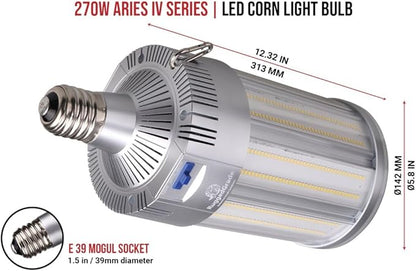 RuggedGrade Aries IV Series 270W LED Corn Light Bulb | 39,150 Lumens | 277-480V | 3000K/4000K/5000K Color Selectable | E39 Base | Energy Efficient LED Light | DLC 5.1 Premium
