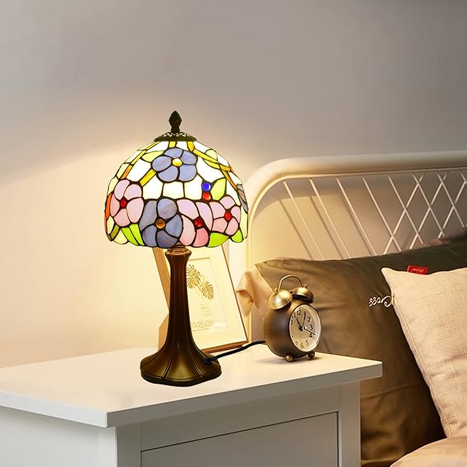 Tiffany Lamp Morning Glossy Stained Glass Table Lamp 8x8x15 Inches Flower Style Desk Reading Light Decor for Beside Bedroom Living Room Home Office