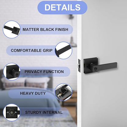 Privacy Door Levers, Matte Black Door Handles Heavy Duty Bed and Bath Door Locks Interior Keyless Locksets, Reversible for Left Right Handed Doors, 7 Pack