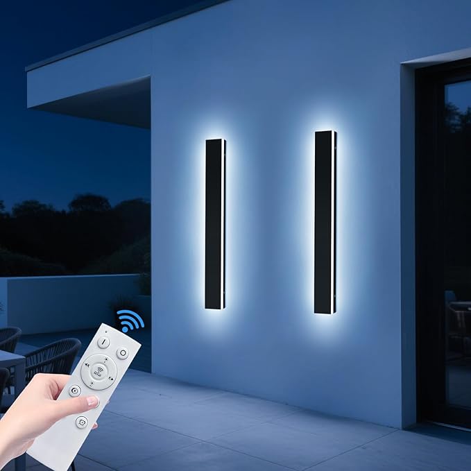 Upgrade Widened 2 Pack 57inch Long Modern Outdoor Wall Lighting, Dimmable 3000K-6000K, IP65 Waterproof Exterior Wall Sconces, Black Linear LED Porch Light for House, Yard, Garden with Remote Control