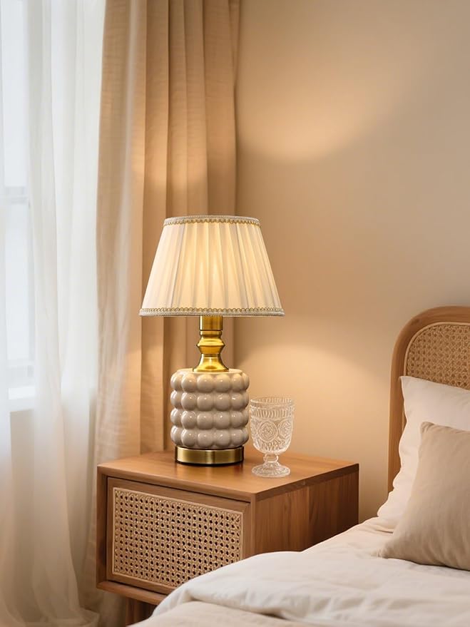 Vintage Lamp for Bedroom,Unique Lamps Cracked Ceramic lamp,UL Rotary Switch Control Pleated lamp Shade,Small Table lamp for Living Room Decor Kitchen Lighting (White+Pleated)