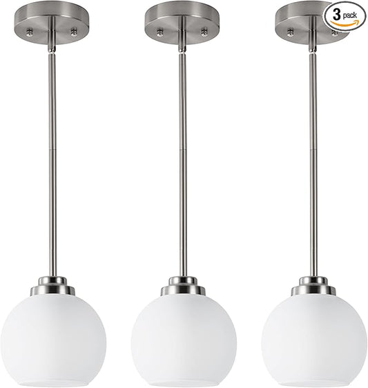 3 Pack Globe Pendant Light, Brushed Nickel Hanging Ceiling Lights with White Frosted Glass Shade, Modern Adjustable Lights for Kitchen Island Bedroom Hallway