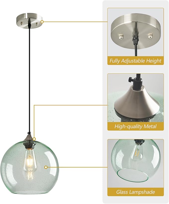 Light Green Glass Pendant Lights Kitchen Island Globe Pendant Light Fixtures Modern Pendant Lighting for Bedroom Living Dining Room Light Fixture (9.84 in, 2 Pack)
