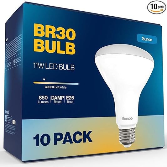 Sunco 10 Pack BR30 LED Bulbs Indoor Flood Lights 11W Equivalent 90W, 3000K Warm White, 850 Lumens, E26 Base, 25,000 Lifetime Hours, Interior Dimmable Recessed Can Light Bulbs - UL & Energy Star.