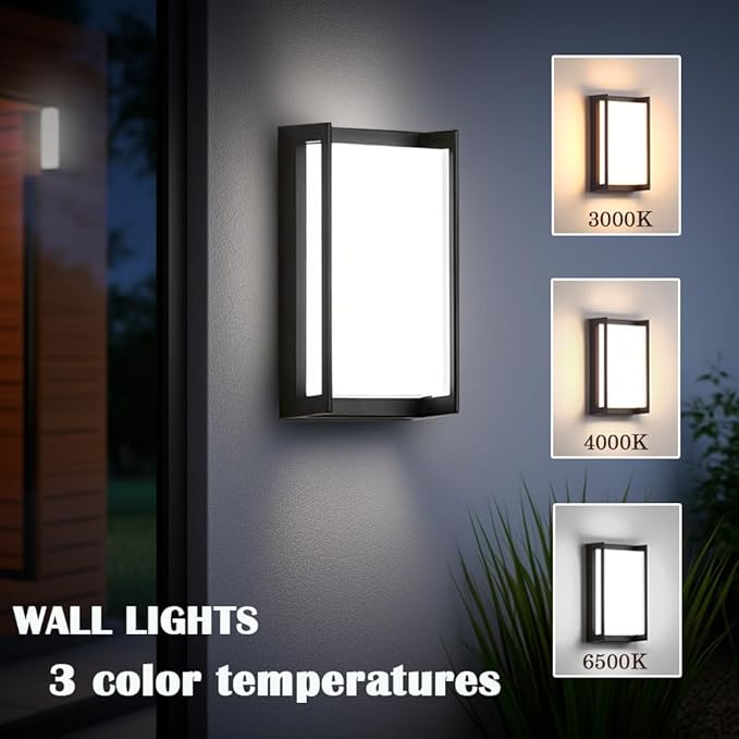 Modern Exterior Lighting Fixtures, 3-Color Temperature Front Porch Light fixtures, IP65 Waterproof Wall Sconce,18W Rectangular Black Outdoor Wall Lights for House Walkway Stair Garage