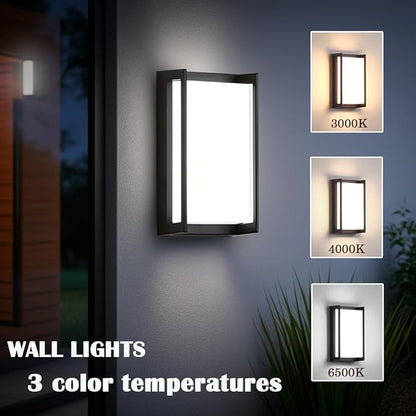 Modern Exterior Lighting Fixtures, 3-Color Temperature Front Porch Light fixtures, IP65 Waterproof Wall Sconce,18W Rectangular Black Outdoor Wall Lights for House Walkway Stair Garage