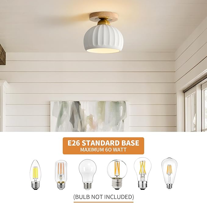 Ceramic Semi Flush Mount Ceiling Light - 2 Pack, Vintage Wood Gold Hallway Light Fixtures, White Globe Ceiling Lights,Mid Century Small Chandelier Light Fixture for Cottage Entryway Laundry Room Foyer