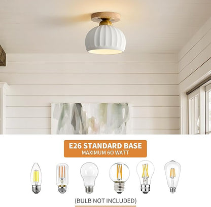 Ceramic Semi Flush Mount Ceiling Light - 2 Pack, Vintage Wood Gold Hallway Light Fixtures, White Globe Ceiling Lights,Mid Century Small Chandelier Light Fixture for Cottage Entryway Laundry Room Foyer