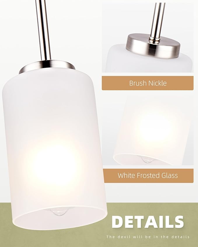 3 Pack Mini Pendant Light, Brushed Nickel Hanging Ceiling Lights with White Frosted Glass Shade, Modern Adjustable Lights for Kitchen Island Bedroom Hallway