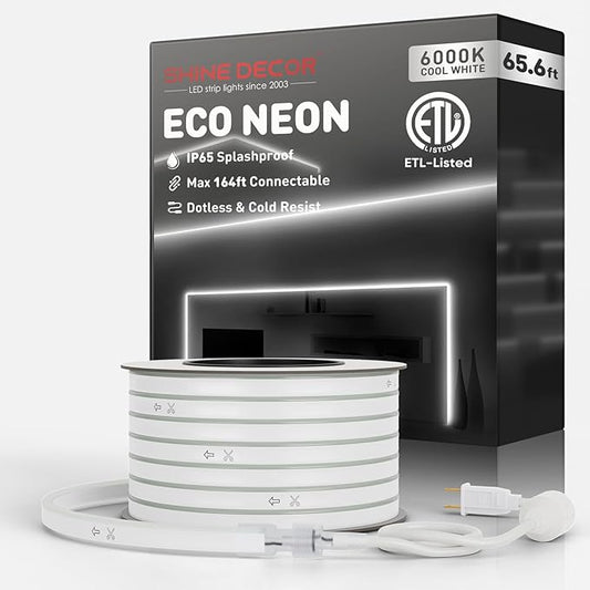 Shine Decor LED Rope Lights AC 120V, Connectable & Cuttable Dotless 120LEDs/M Eco Neon Strip Lighting, ETL IP65 Waterproof & Weather-Resistant for Home Commercial, 8x16mm, 6000K Cool White, 65.6FT