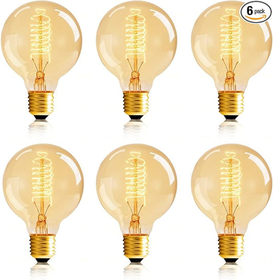 G25 Globe Edison Bulbs, 6-Pack 60w Vintage Edison Light Bulb, Spiral Filament Edison Bulbs, E26 Base - Amber Glass Warm Light - 120V 2700K Dimmable - G80 Decorative Lightbulbs