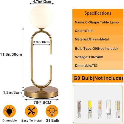 Mid Century C-Shape Table Lamp Gold 2-Light Globe Dimmable Table Lamp with Milk White Glass Gold Nightstand Lamp for Bedroom Bedside,G9 Bulb(Not Included)