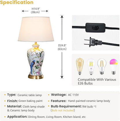 White Flower & Bird Ceramic Table Lamp,Hand-Painted Chinoiserie Lamp, Fabric Lampshade Nightstand Lamp for Bedroom Living Room Office College Bookcase