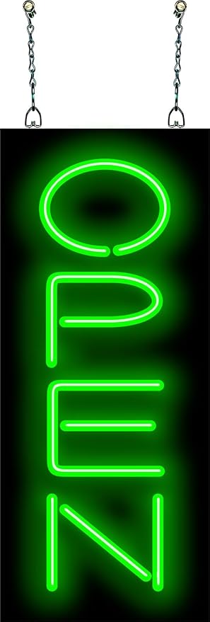 Classic Vertical Green Neon Open Sign - 20" high x 8" wide - Green Letters - Real, Quality Hand Bent Neon