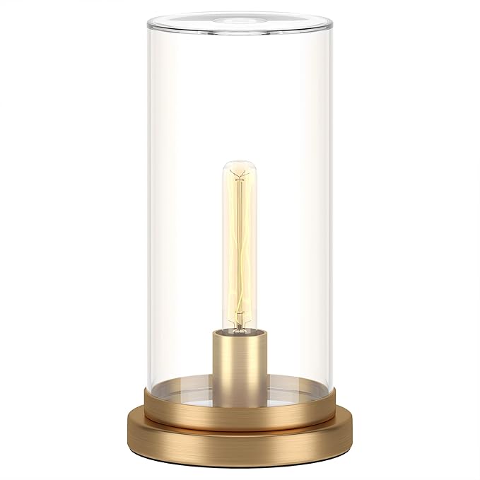 Henn&Hart 13" Tall Uplight Mini Lamp with Glass Shade in Brushed Gold, for Home, Living Room, Bedroom, Entertainment Room, Office, Kitchen, Dining