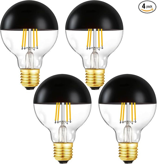 Leools Half Black LED Light Bulbs,Dimmable 6W (Equivalent 60Watt) Edison Bulbs,4000K Daylight White,G80/G25 Half Chrome Dipped Anti-Glare LED Filament Bulbs,Decorative Bulb,CRI 90+ E26 Base Pack of 4