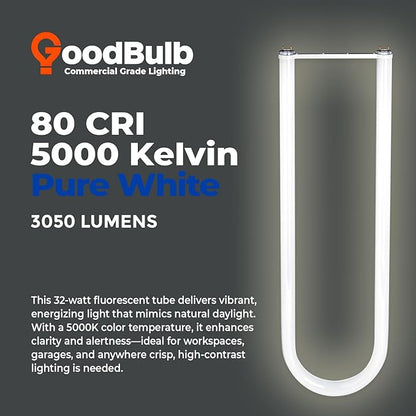 GoodBulb 32 Watt 6 Inch T8 Fluorescent U-Bend Light Bulb 5000K Daylight Medium Bi-Pin Base High Output 3050 Lumens 32W 10000 Life Hours 80 CRI (Pack of 20)