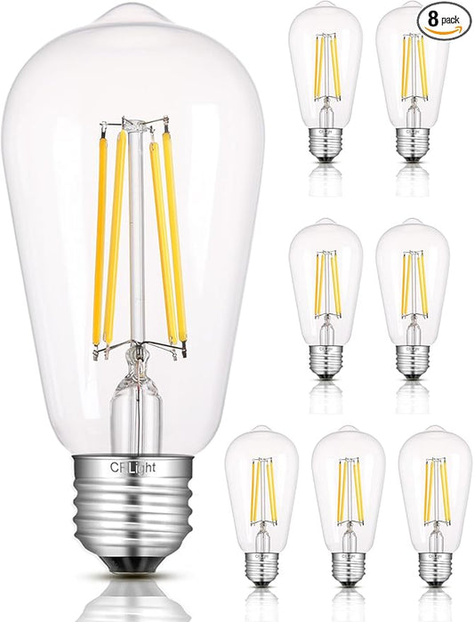 CRLight 8 Pack Vintage Dimmable LED Edison Bulbs, 2700K Warm White 8W 800LM Equivalent 80W Incandescent, E26 ST58 = ST19 Clear Glass Antique Decorative Filament Light
