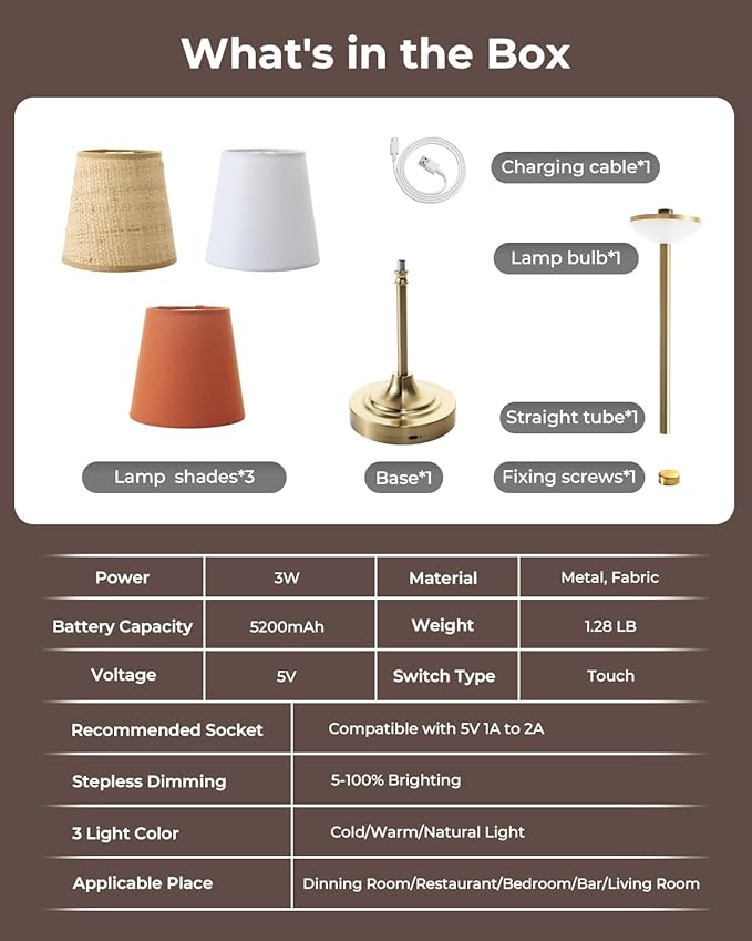 Gold Cordless Rechargeable Table Lamp, Touch LED Bedside Lamp, 5200mAh Battery Operated Lamp, 3 Shades + 3 Color Stepless Dimming, Portable Wireless Small Table Lamp for Bedroom,Kitchen
