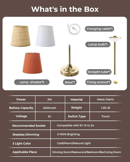 Gold Cordless Rechargeable Table Lamp, Touch LED Bedside Lamp, 5200mAh Battery Operated Lamp, 3 Shades + 3 Color Stepless Dimming, Portable Wireless Small Table Lamp for Bedroom,Kitchen