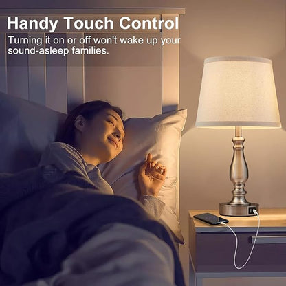 Lamps for Bedrooms Set of 2, Brushed Nickel Bedside Lamps with USB C+A Ports,Dimmable Nightstand Lamps with Fabric Lampshade, Touch Table Lamp for Living Room Bedroom Office, Bulbs Included