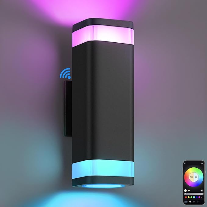 SHIMR Smart RGB Outdoor Wall Light, WiFi App Control Color Changing Up Down Exterior Sconce with Dusk to Dawn Sensor, Waterproof LED Wall Mount Light Fixture, Works with Alexa & Google, Black Finish