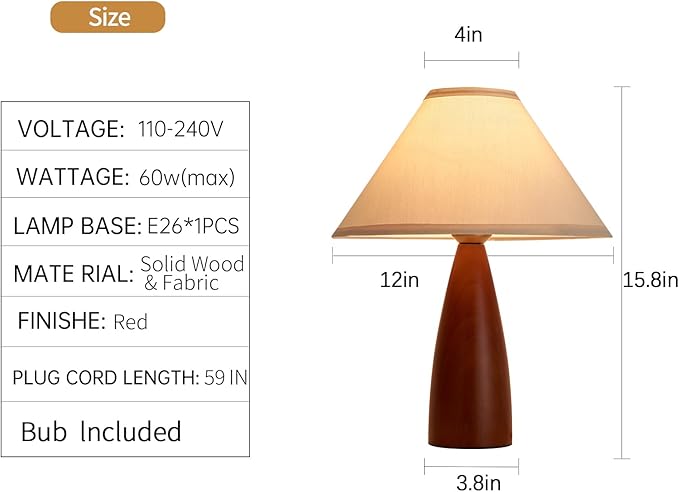 Bedside Table Lamp for Bedroom, Mid-Century Modern Plug in Fabric Shade & Solid Wood Base Desk Lamp, Plug & Play Red Wood Nightstand Lamp for Living Room, Office 【Bulb Included】
