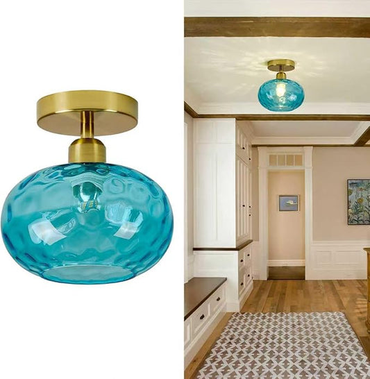 Blue Glass Semi Flush Mount Ceiling Light - 7.9 Inch Hammered Art Deco Glass Small Hallway Light fixtures, Vintage Gold Flush Mount Ceiling Light for entryway Foyer Laundry Room Kitchen