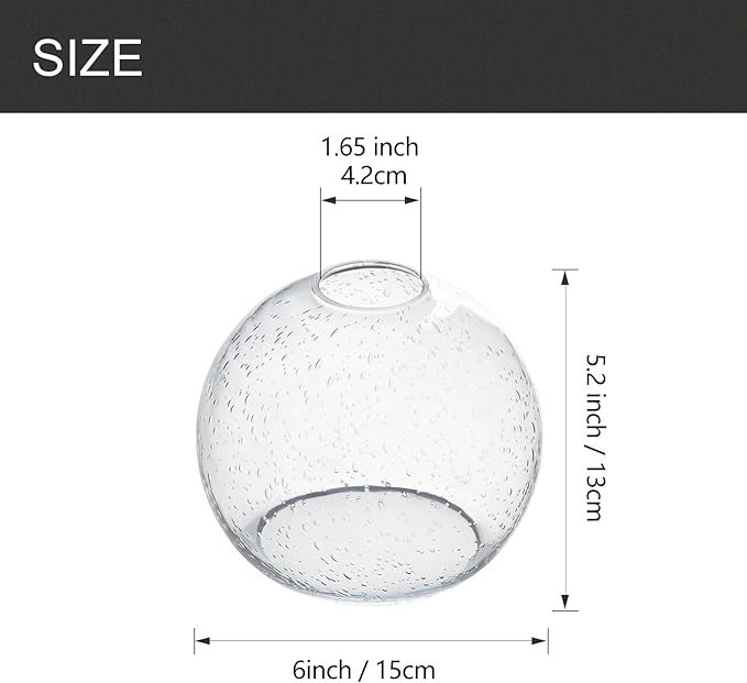 3 Pack Fixture Replacement Globe Shade, 6 Inch Diameter, E26 Base 1-5/8 Inch Fitter, Glass Globe Lampshade Cover for Pendant Wall Sconce Chandelier Vanity Light (3 Pack 6 Inch Clear Seeded Glass)