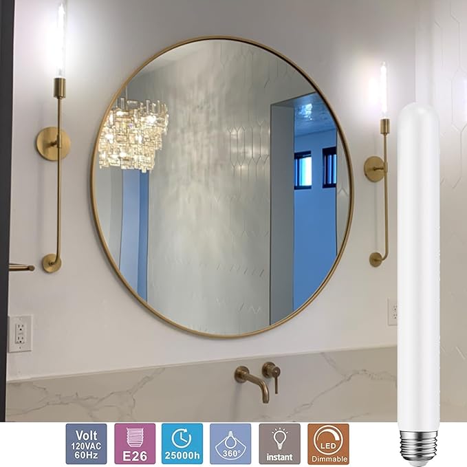 LEOOLS LED Light T10 12W 11.8inch E26 Base Matt Opal Porcelain Dimmable Tubular LED, E26 Edison Bulb 12W Equal 100W Light 4000K Neutral White, CRI90+,600LM,4 Packs