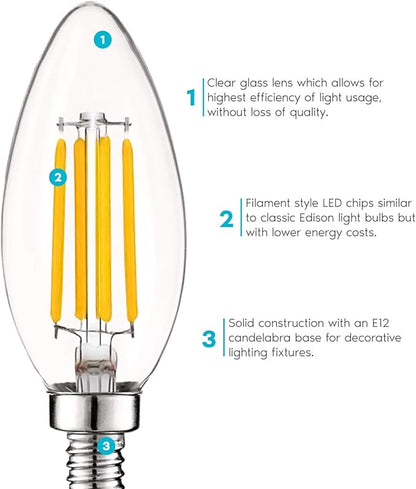 LUXRITE Vintage Candelabra LED Bulb, 60W Equivalent, 550 Lumens, 2700K Warm White, Dimmable, Clear Glass, Filament LED Candle Bulbs, UL Listed, E12 Base (12 Pack)