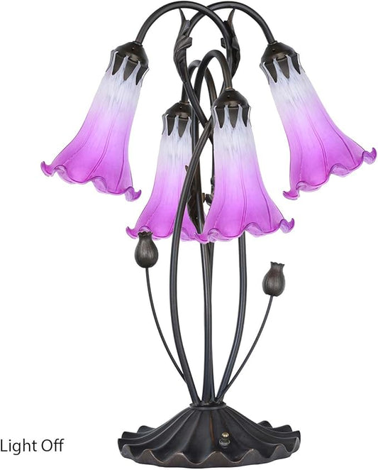 Bieye L10851 Lily Flower Blown Glass Accent Table Lamp for Living Room Bedroom Decoration (4-Light, Purple)