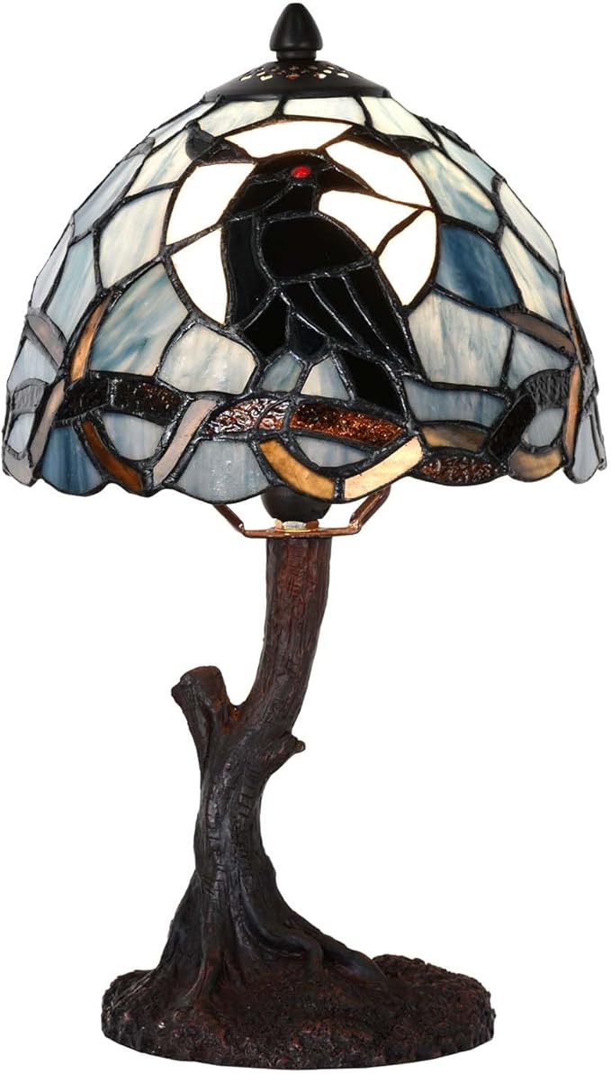 Bieye L12010 Raven Sitting on Bare Tree Branch in Full Moon Night Tiffany Style Stained Glass Table Lamp for Home Decor (Dark Blue, 8Wx14H)