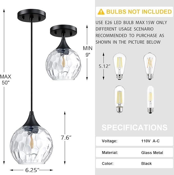 Doraimi Lighting 6.25" Texture Glass Pendant Light 3 Pack Pendant Ceiling Light Fixtures Black Finish Modern Farmhouse Dinning Over Sink Adjustable Height Cord